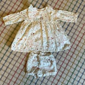 Elegant baby organics dress and bloomer set; owl woodland print
